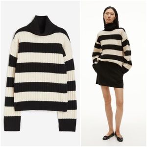 Black/Cream Striped Rib Knit Turtleneck Sweater